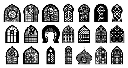 Islamic arch and window silhouette shapes set with arabic patterns vector design © Tomas