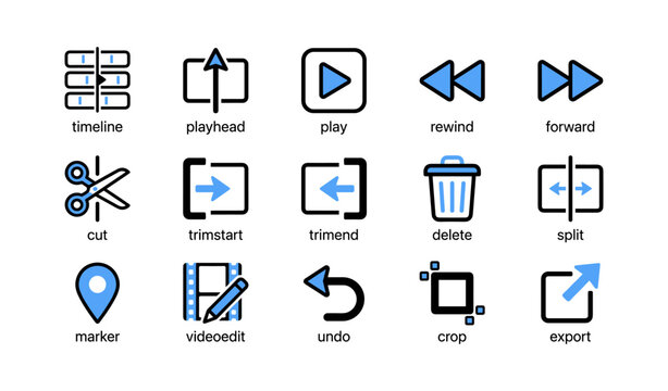Video editing control icons arranged in a grid layout