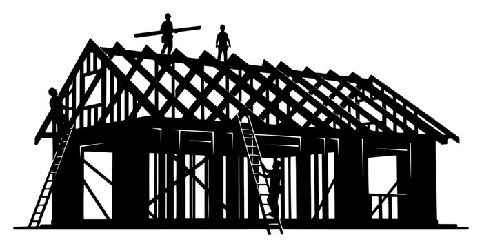 House construction site with builders working on timber roof frame in black silhouette style