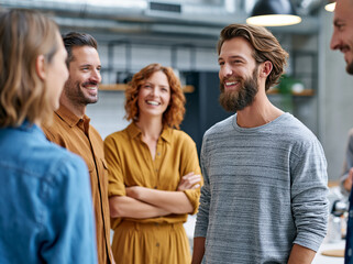 Fototapeta premium Group of friends talking and laughing together in a modern office space during a casual afternoon in a busy urban area