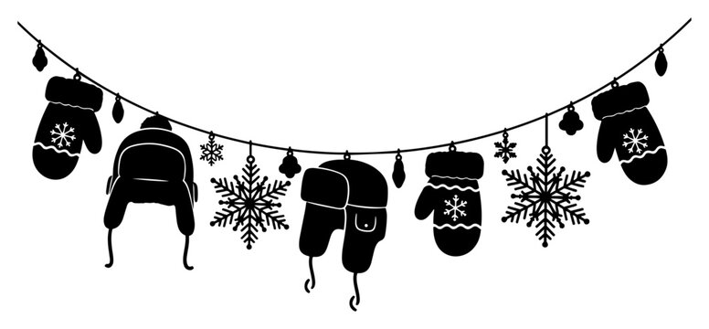 Winter clothes garland with mittens and ushanka hats in black silhouette style