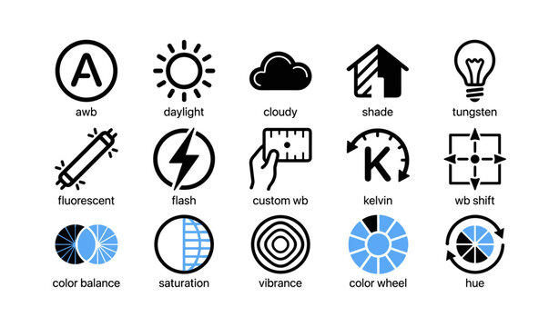 Set of white balance and color adjustment icons on white grid