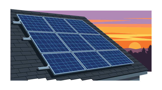 A grid of blue crystalline solar photovoltaic panels is installed on a dark shingled roof during a vibrant orange and purple sunset in a suburban residential setting.