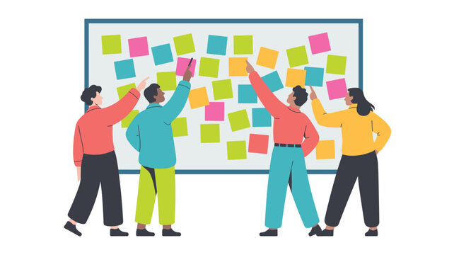 A team of four diverse professionals collaborates while standing before a large whiteboard filled with colorful adhesive sticky notes during a corporate brainstorming strategy sess