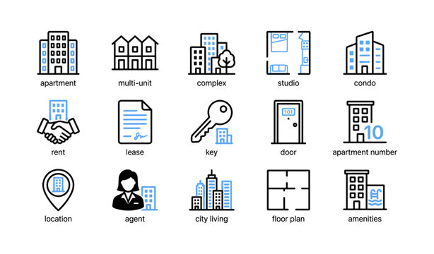 Apartment and rental property icons showing housing and amenities