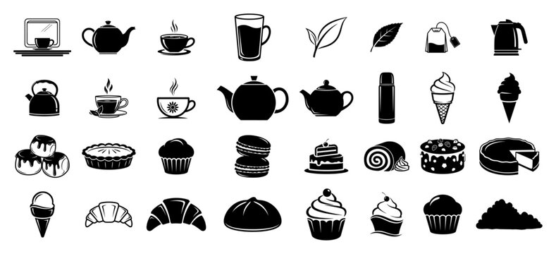Tea coffee and sweet dessert icons set containing cakes teapots and croissants in flat black silhouette style