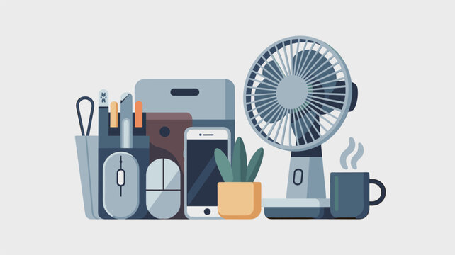 A collection of assorted desk items including a small electric fan, a smartphone, a potted plant, and a steaming coffee mug sits on a neutral surface.
