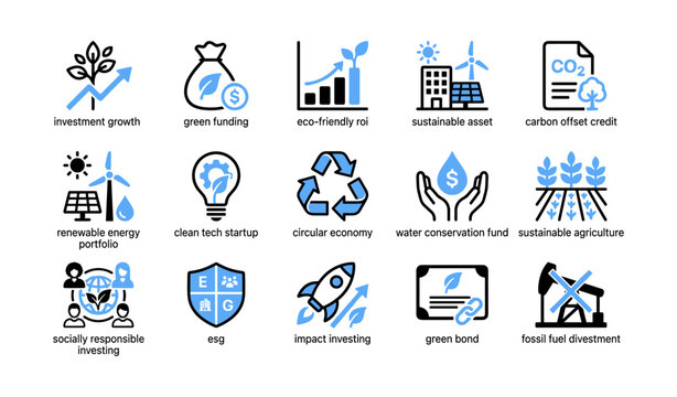 Sustainable finance and renewable energy icon set in grid