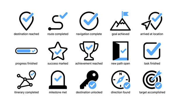 Navigation and completion icons showing routes and checkpoints