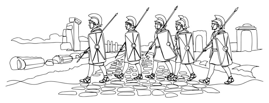 Roman legionaries marching past ancient ruins in continuous line art style