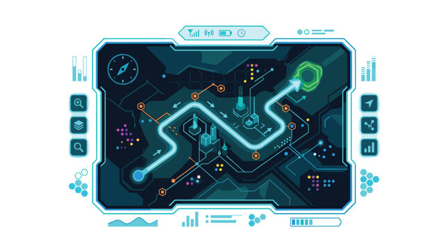 A futuristic digital navigation display shows a glowing blue route path mapped over a dark geometric terrain with data metrics and status icons.