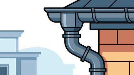 Naklejka premium A metal rain gutter system is attached to the side of a brick wall in a clean vector style with a blue background representing residential construction elements.