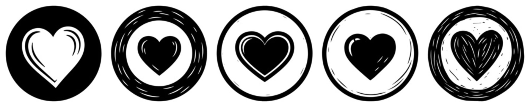 Heart circle badges and stamp templates for valentines day in hand drawn rustic linocut style