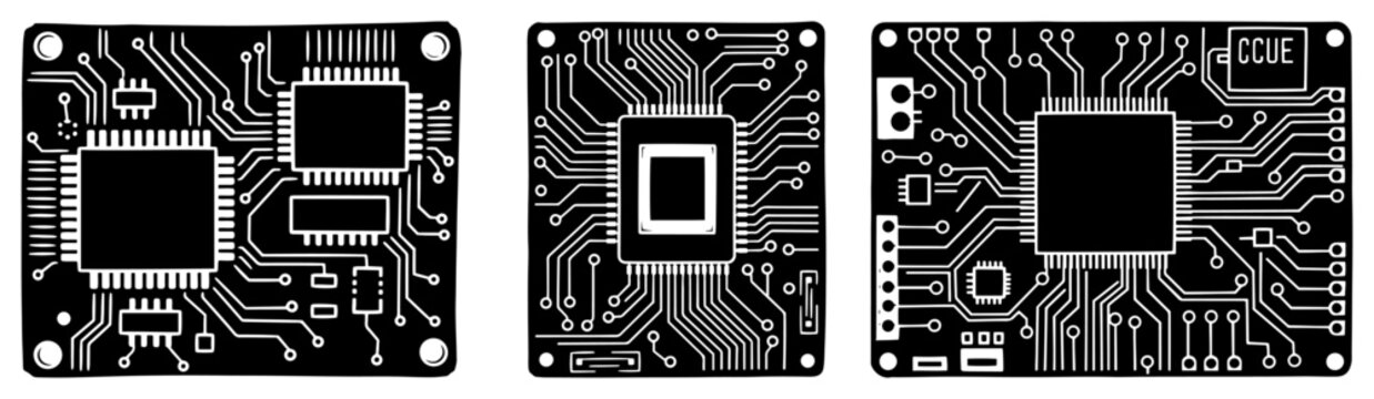 Printed circuit board diagrams with microchips and electrical pathways in tech line art style