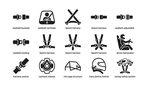 Seatbelt and harness icons arranged on white background