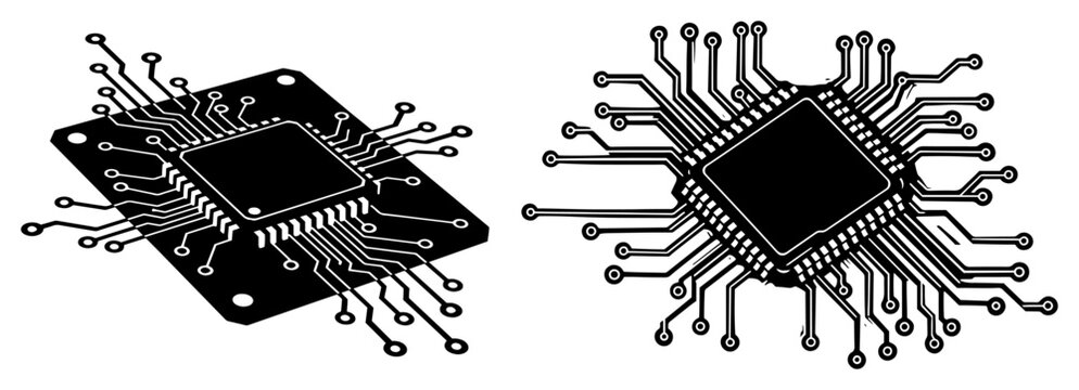 Computer processor microchips with circuit board traces in minimalist style