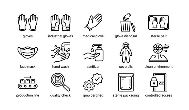 Personal protective equipment and hygiene icons on white background