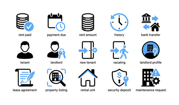 Tenant and rent management icons for rental property administration
