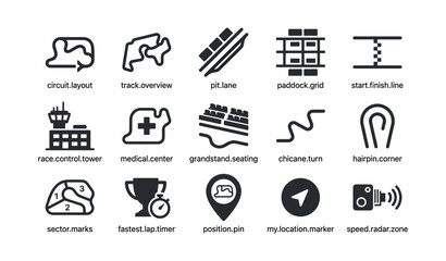 Fototapeta premium Race track icons and motorsport symbols on white grid