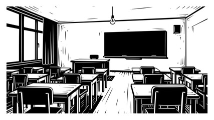 Empty classroom with school desks and blackboard in vintage linocut style © Tomas