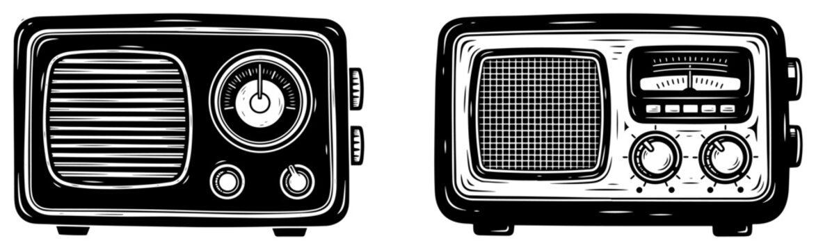 Retro transistor radio receivers in vintage woodcut engraving style