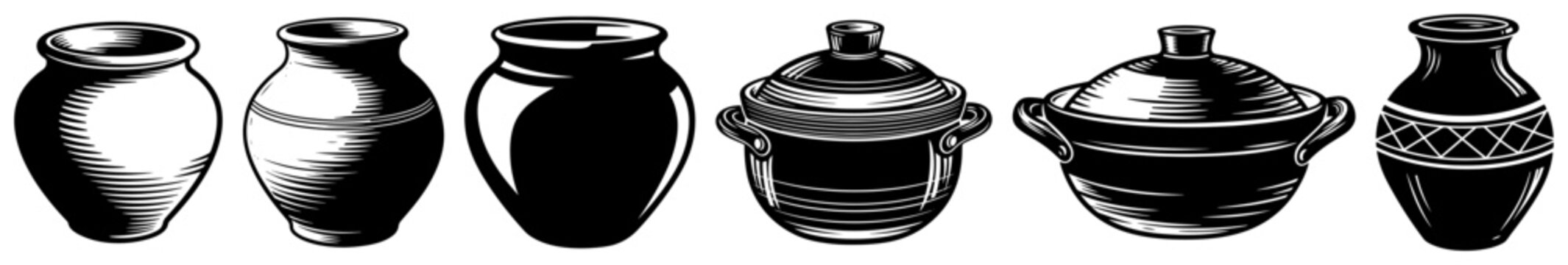 Clay pots and ceramic vases set in woodcut engraving style