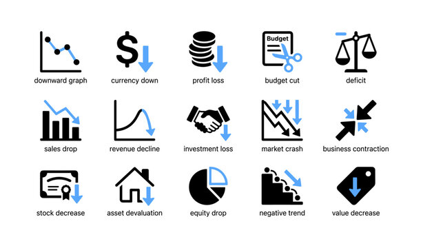 Economic decline icons representing financial downturn on white