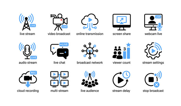 Live streaming icons illustrating broadcast and communication on white