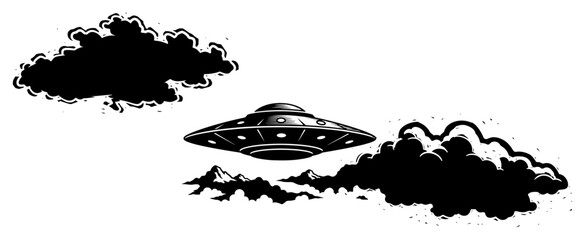 UFO flying saucer hovering between dramatic clouds and mountain peaks in retro woodcut style © Tomas