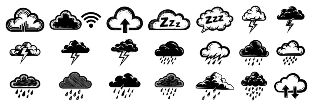 Weather cloud icons with rain and lightning in hand drawn doodle style
