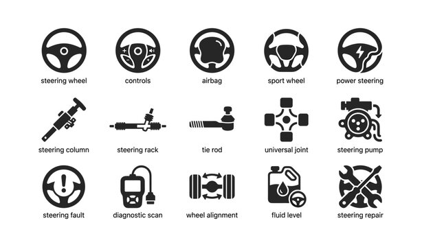 Row of automotive steering and maintenance icons for vehicles
