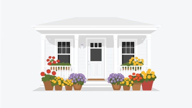 A white house porch displays window boxes overflowing with colorful flowers and symmetric arrangements of potted plants on the steps against a light backdrop.