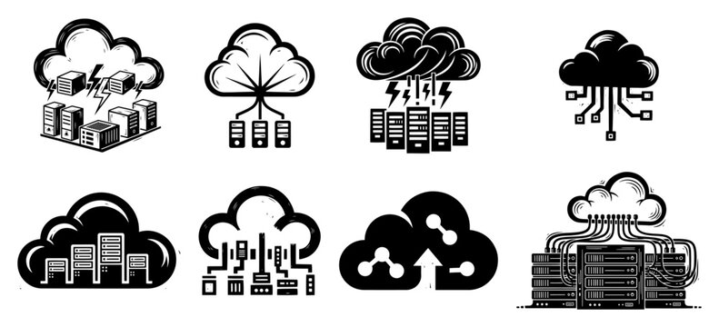 Cloud computing and database server network icons in bold graphic style