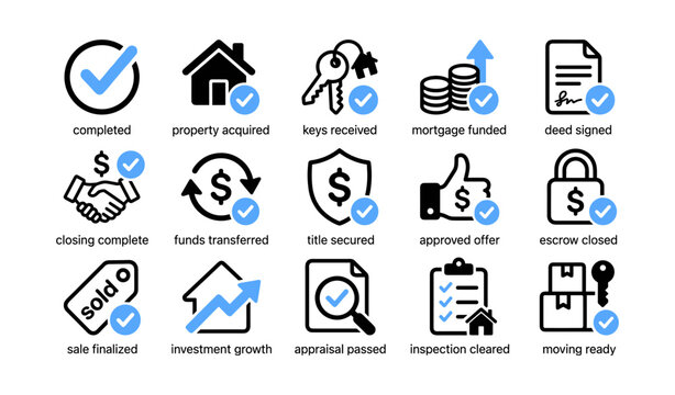 Real estate closing milestone icons showing transaction steps