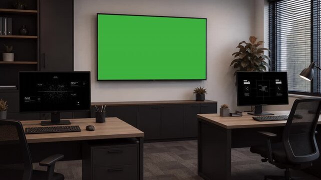Interior office with large green screen monitor
