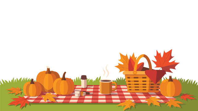 Three plump orange pumpkins resting on a red checkered picnic blanket next to a steaming mug and autumn maple leaves in a vibrant seasonal park environment.