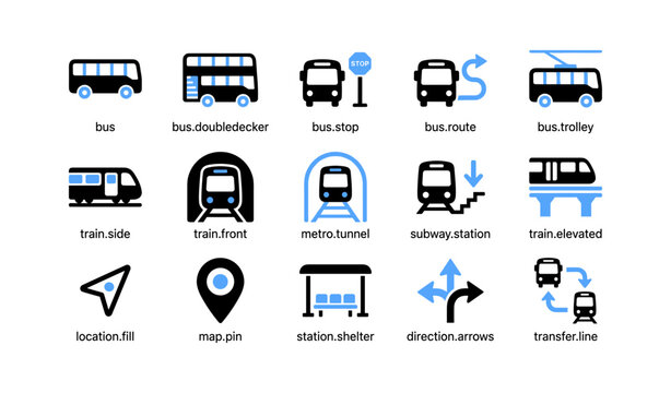 Public transport icons showing buses and trains on white background