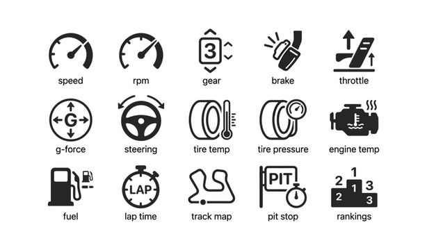 Vehicle telemetry and racing dashboard icons for performance
