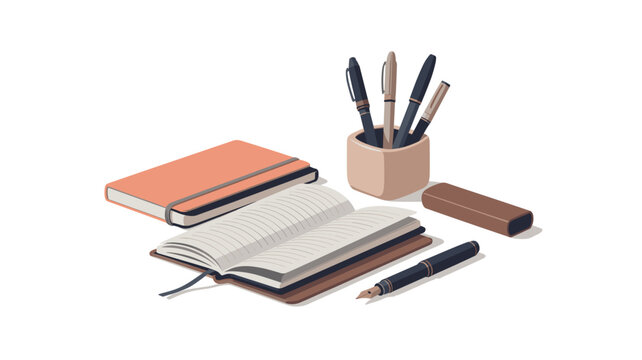 A collection of stationery consisting of a closed notebook and an open journal alongside a pen holder filled with pens and an eraser on a flat white background.