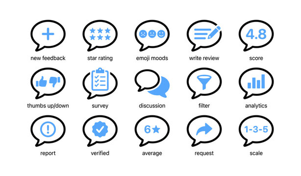 Set of feedback and review speech bubble icons on white background
