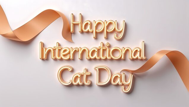 Happy international cat day with golden text and orange ribbon on gray background