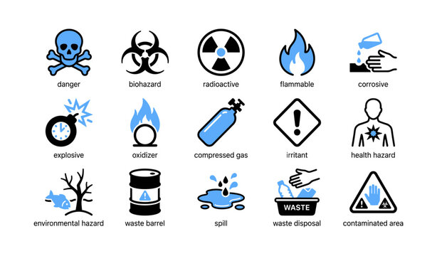 Hazard and waste symbols arranged in grid on white background