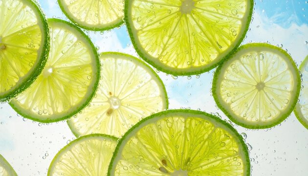 Sliced, translucent limes submerged in water, bubbles clinging to the bright, green rind