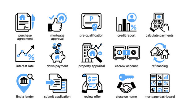 Mortgage and home loan process icons showing approval steps