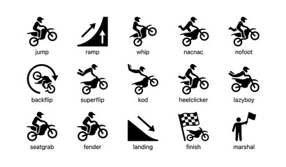 Fototapeta premium Motocross stunt icons displayed in grid on white background