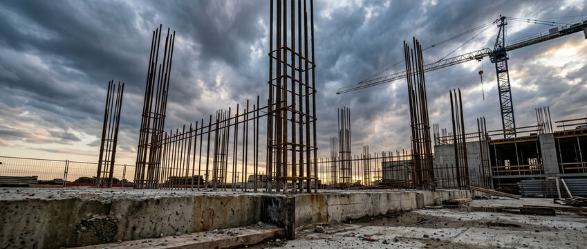 Exposed steel reinforcement bars rising from unfinished concrete foundation at industrial construction site under stormy sky