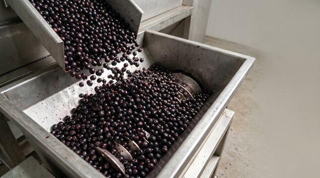 acai harvest and processing, acai production in pulp, fresh fruit batch macro close-up, food detail, natural background