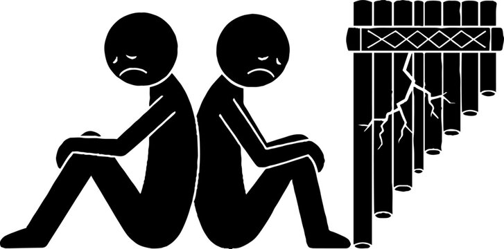 Two sad figures sitting back to back beside broken panpipes