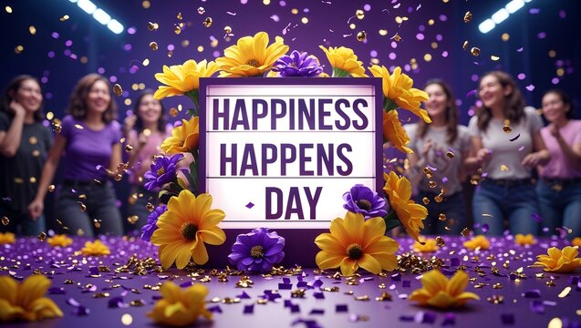 Happiness happens day celebration with confetti, flowers, and happy people in purple and yellow