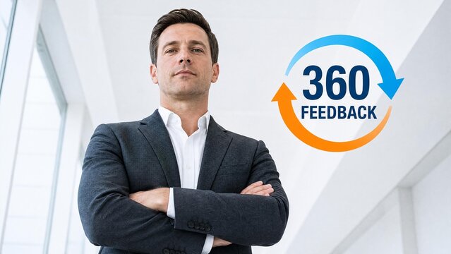 Confident Businessman with 360 Degree Feedback Concept Graphic